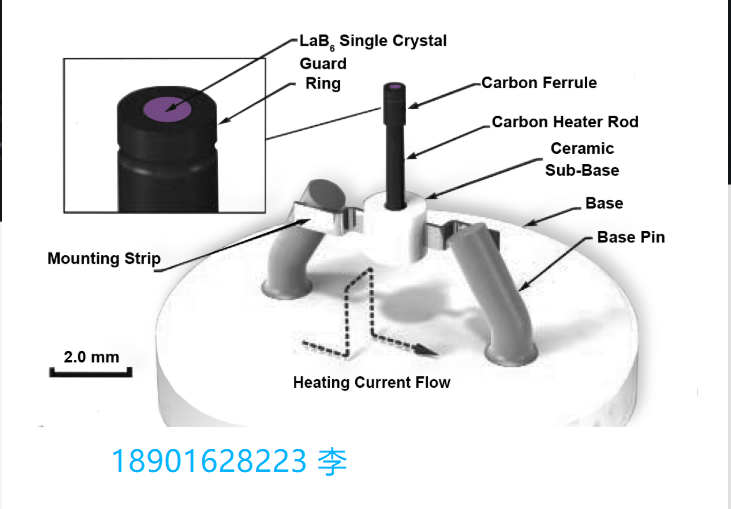 Kimball Physics 陰極 – 發射極 帶保護環的六硼化鑭陰極 型號 #： ES-423E-GR025 SG AEI 高性能、電阻加熱的熱電子源  用于許多亮度受限的電子光學系統：SEM、TEM、探針、電子光刻系統等