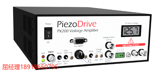 PiezoDrive PX200 功率放大器 低噪聲、大電流線性放大器 用于驅動壓電致動器和其他負載 可以驅動任何負載阻抗，包括無限的電容負載 信號帶寬390HZ