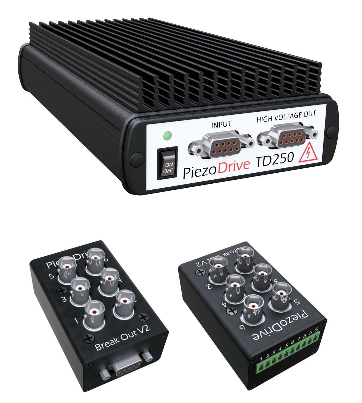 Piezodrive TD250獨立六通道+/-250伏放大器，適合驅動壓電管和其他執行器應用于納米定位、顯微鏡、電子光學和振動控制
